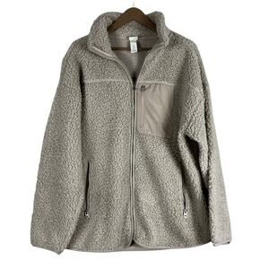 H&M Sherpa Fleece Jacket Womens S Beige Teddy Zip Pocket Cozy Clean Girl Casual